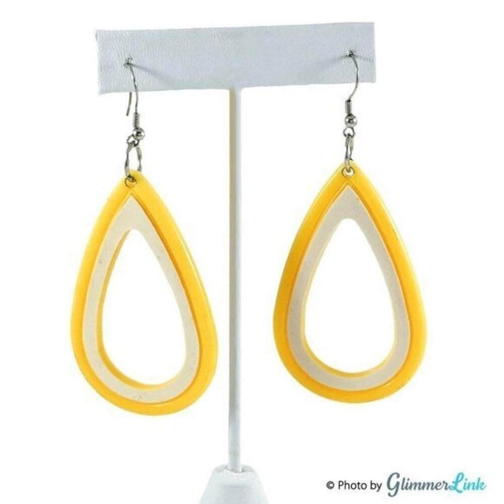 Long Yellow & White Teardrop Silver Tone Dangle Earrings